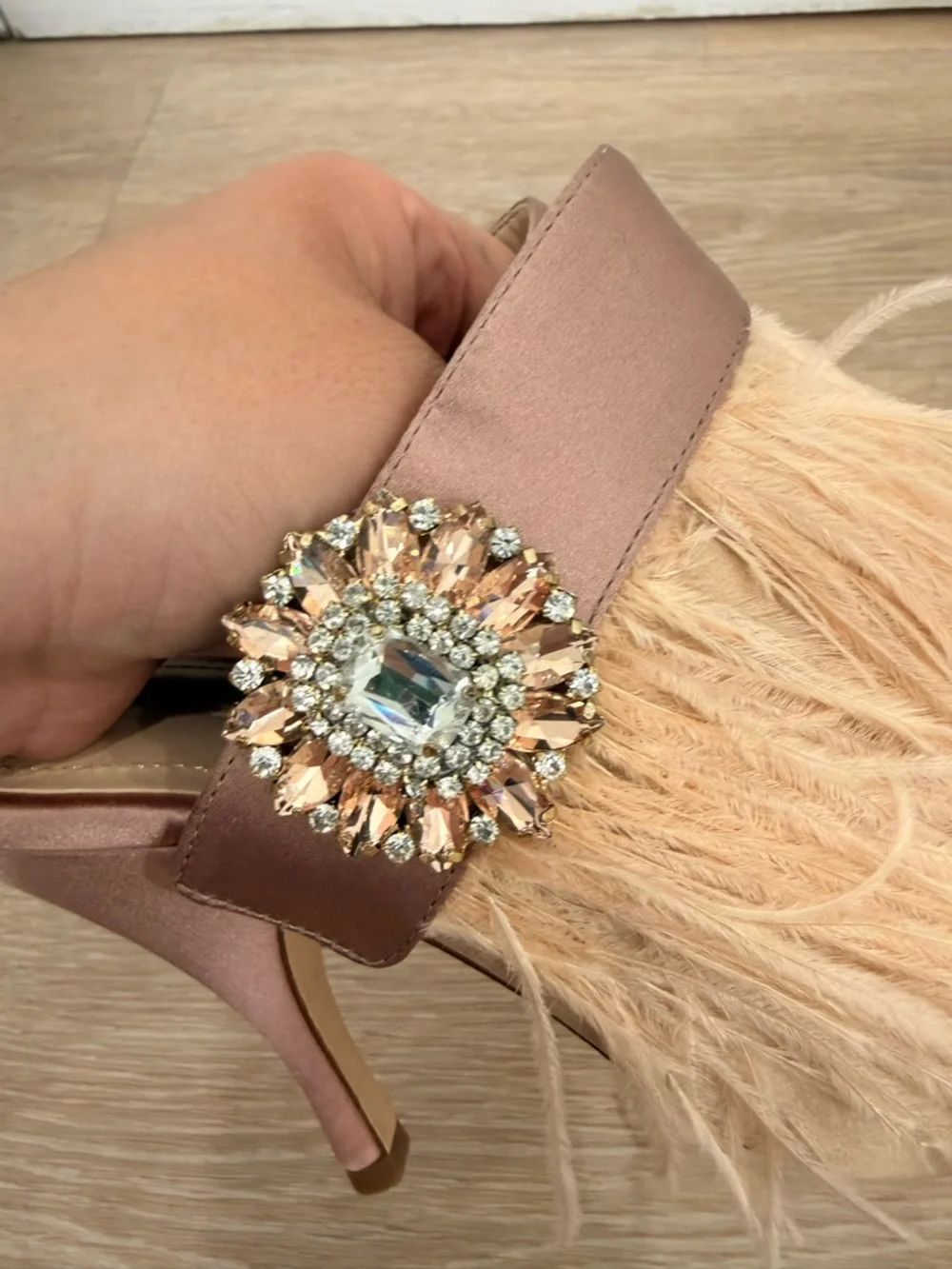 Zara Blush Feather Mule Heels with Crystal Buckle - Picture 3 of 7